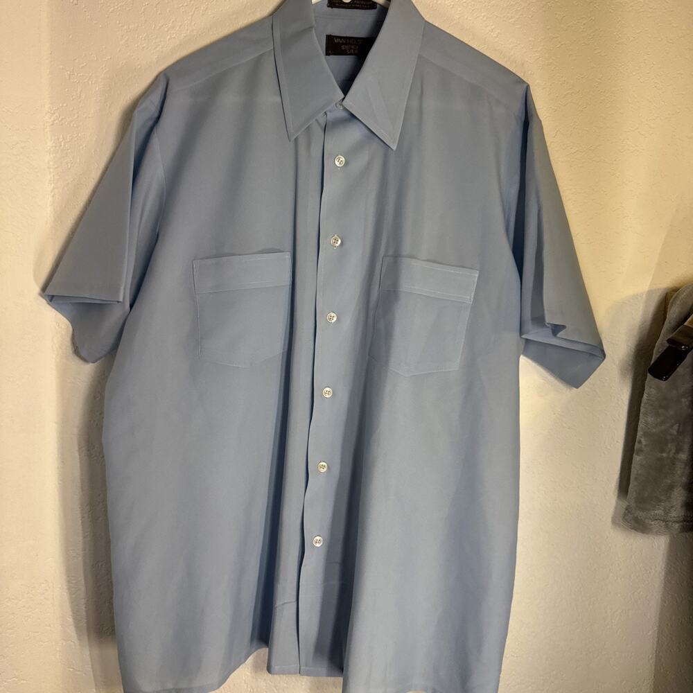 Vintage Van Heusen Super Silk Shirt Men's Size Large Blue Short Sleeve Button Up